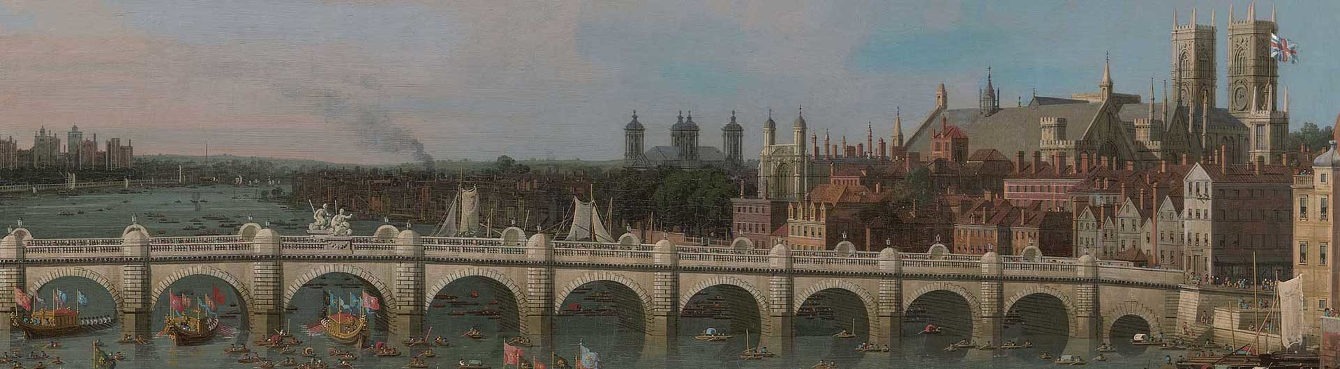 Giovanni Antonio Canal (‘Canaletto’), Westminster Bridge, with the Lord Mayor's Procession on the Thames, 1747, Yale Center for British Art, Paul Mellon Collection, B1976.7.94